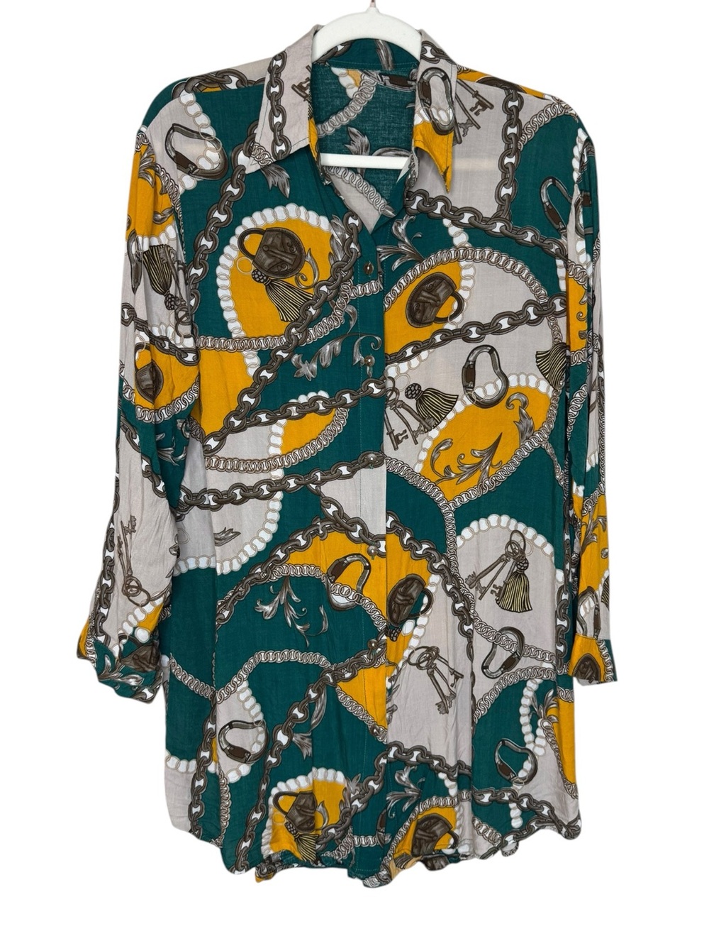 Vintage Chain Print Button-Down Tunic Shirt
in Teal, Mustard & Cream
